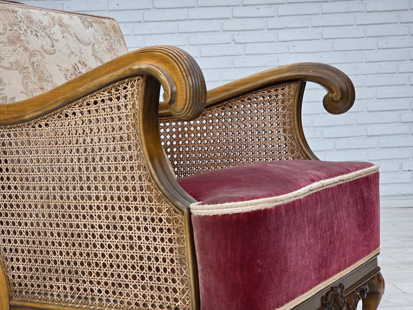 1940s, Danish armchair, woven wool, velour, furniture mesh, carved oak wood.