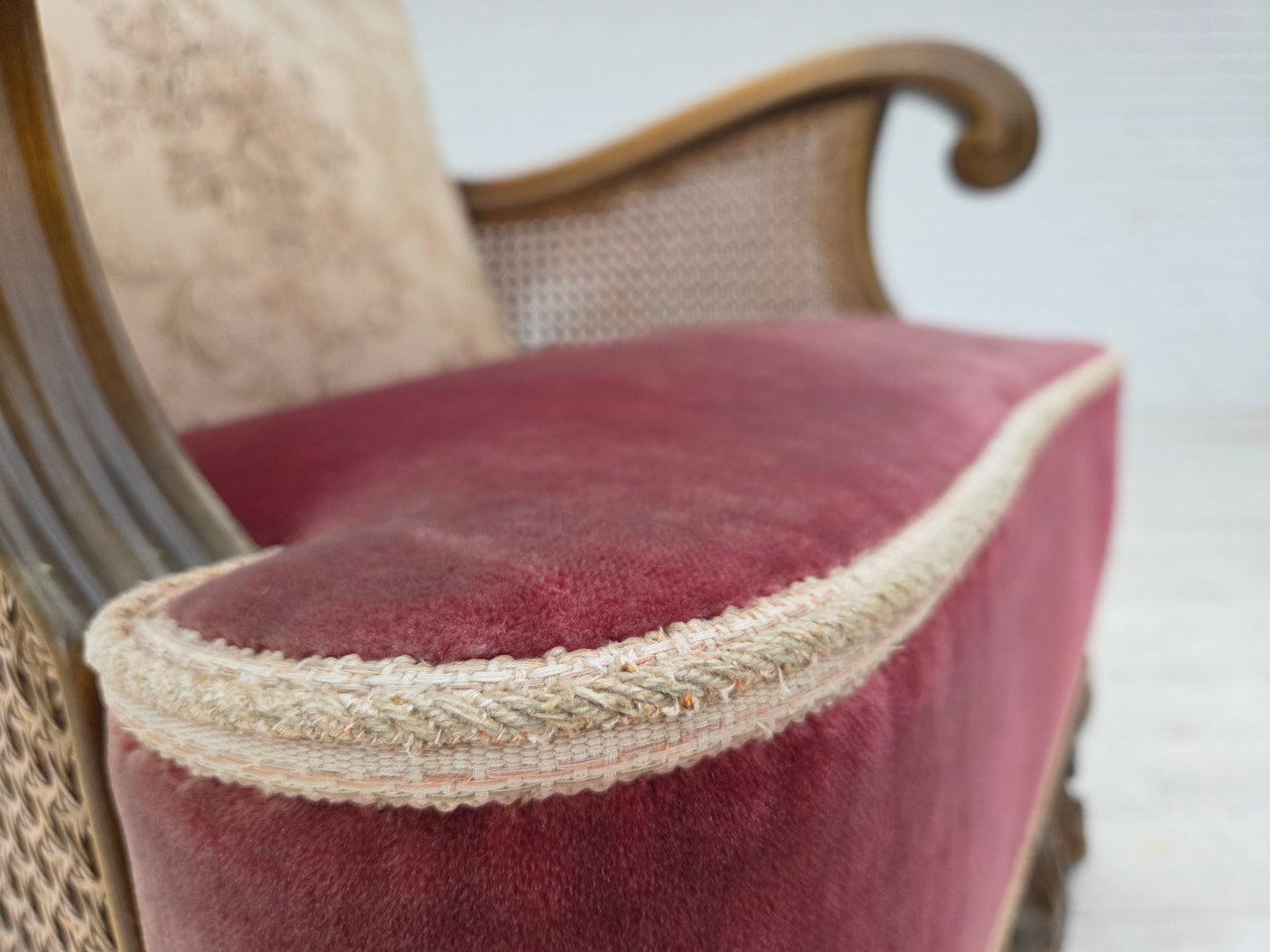 1940s, Danish armchair, woven wool, velour, furniture mesh, carved oak wood.