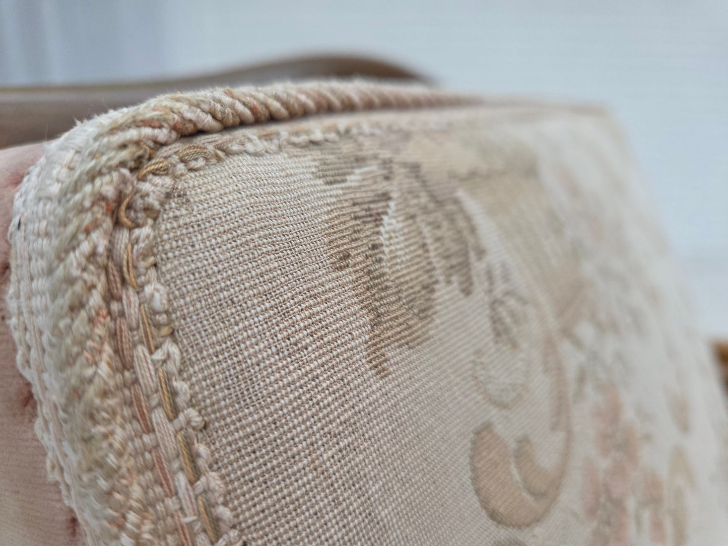 1940s, Danish armchair, woven wool, velour, furniture mesh, carved oak wood.