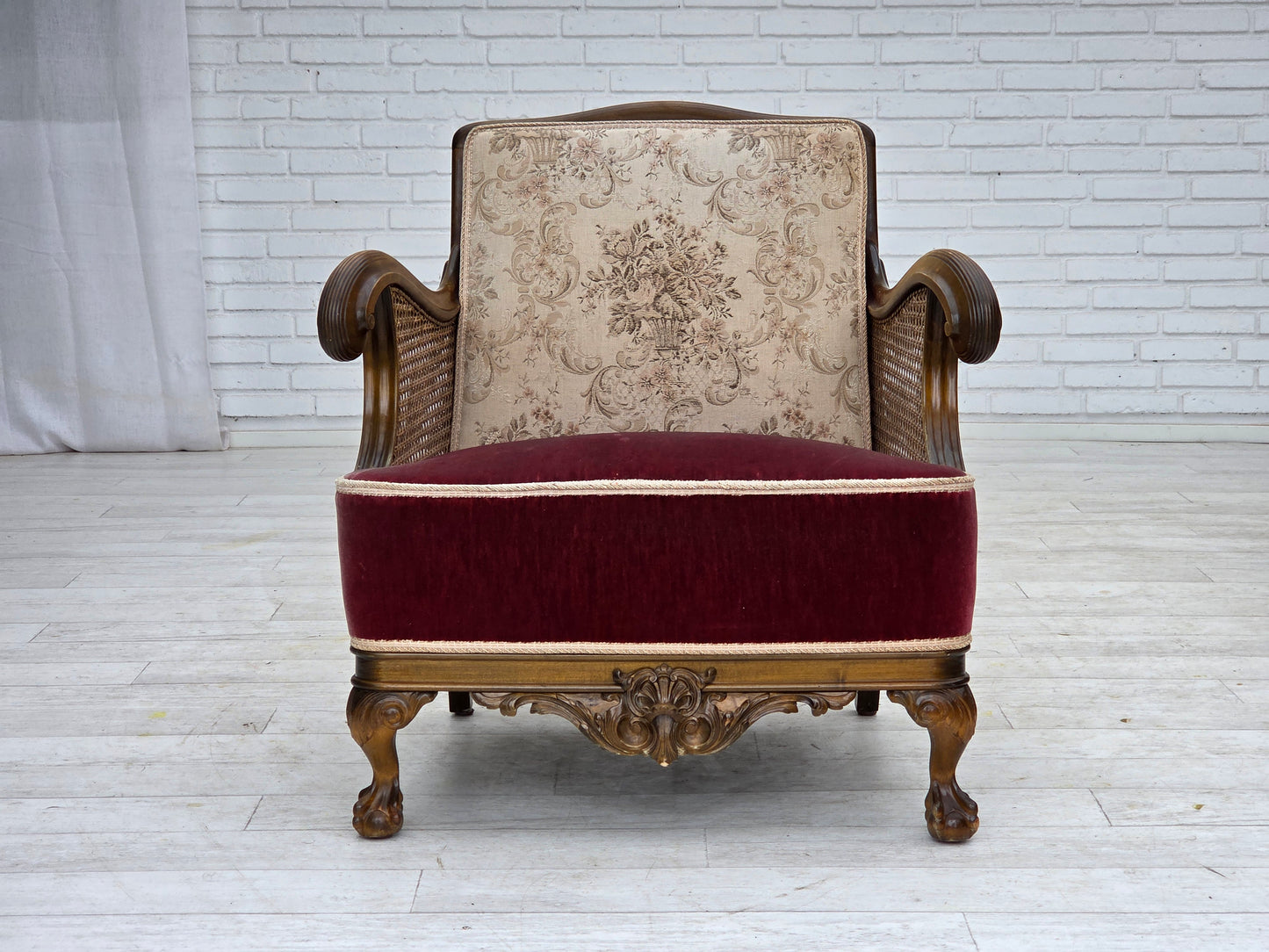 1940s, Danish armchair, woven wool, velour, furniture mesh, carved oak wood.