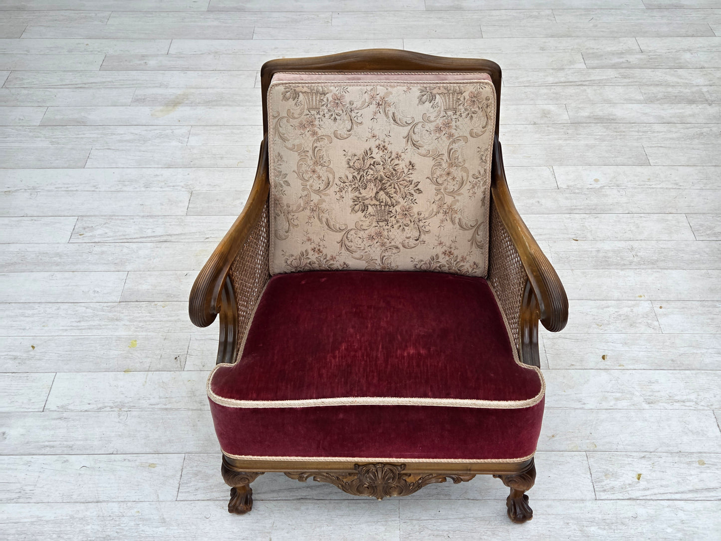 1940s, Danish armchair, woven wool, velour, furniture mesh, carved oak wood.