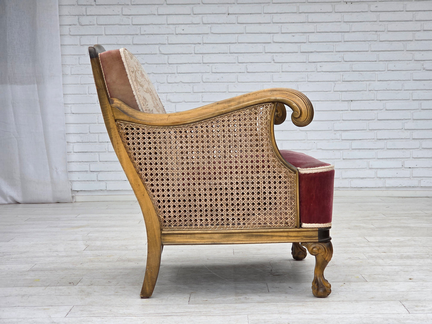 1940s, Danish armchair, woven wool, velour, furniture mesh, carved oak wood.