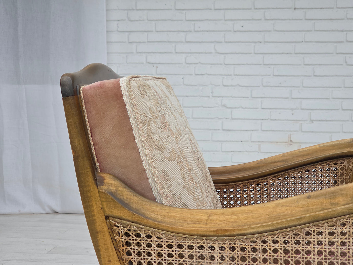1940s, Danish armchair, woven wool, velour, furniture mesh, carved oak wood.