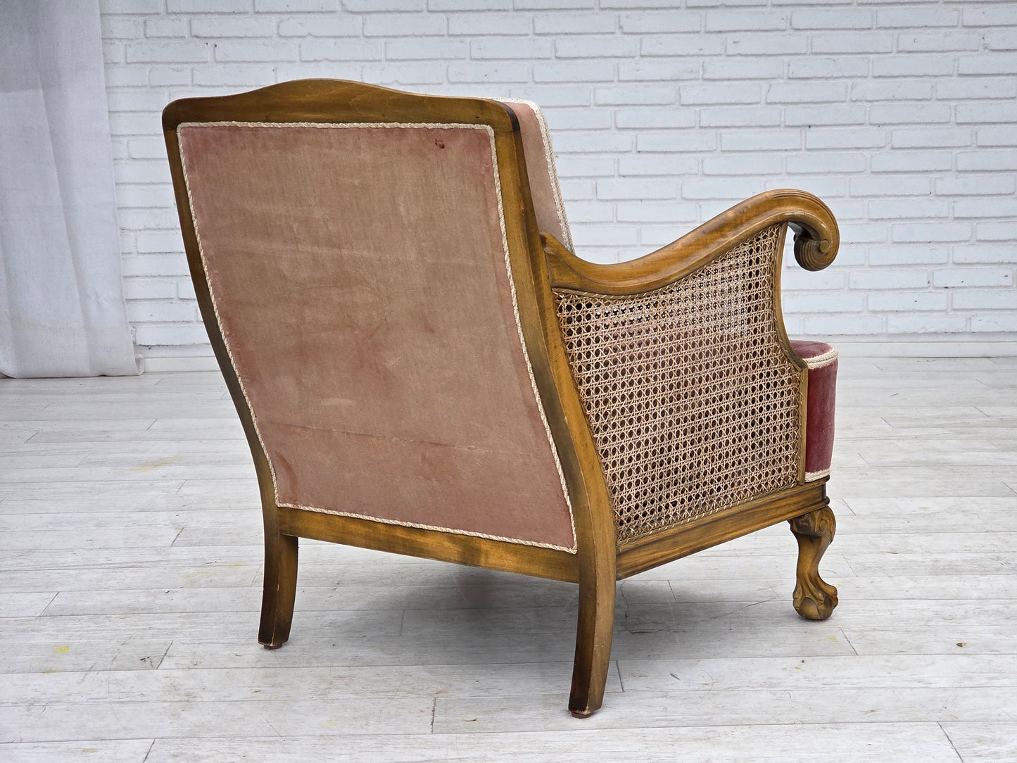 1940s, Danish armchair, woven wool, velour, furniture mesh, carved oak wood.