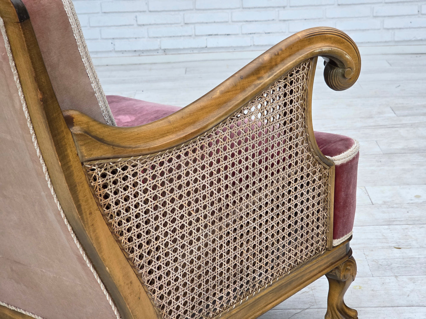 1940s, Danish armchair, woven wool, velour, furniture mesh, carved oak wood.