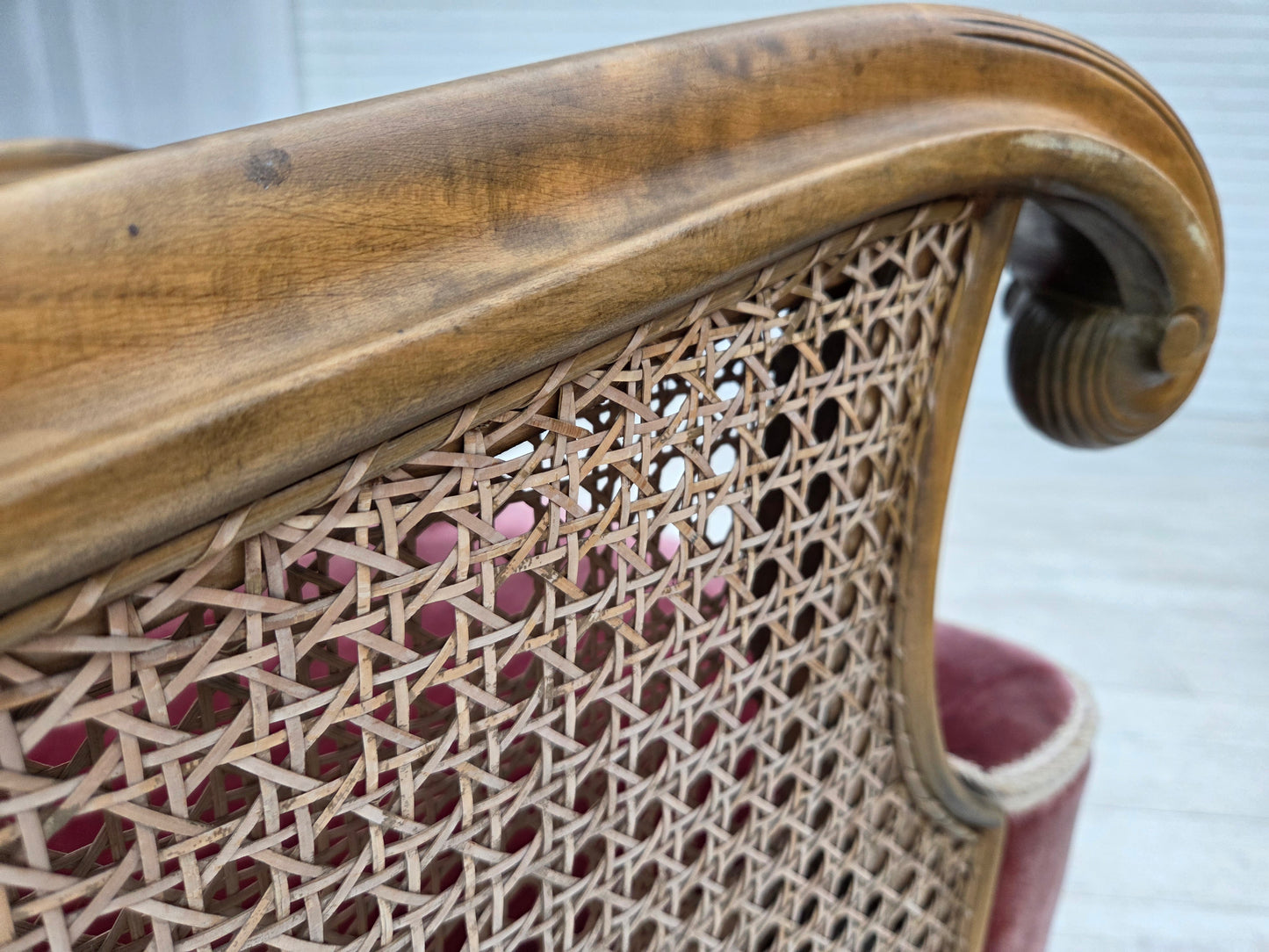 1940s, Danish armchair, woven wool, velour, furniture mesh, carved oak wood.