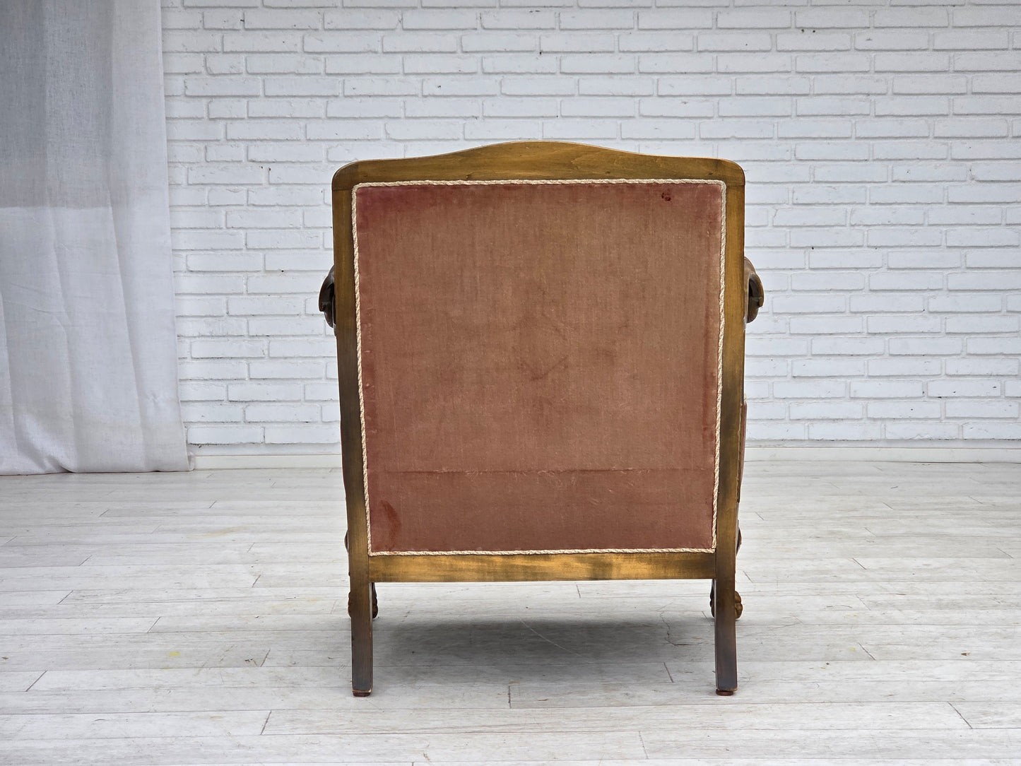 1940s, Danish armchair, woven wool, velour, furniture mesh, carved oak wood.