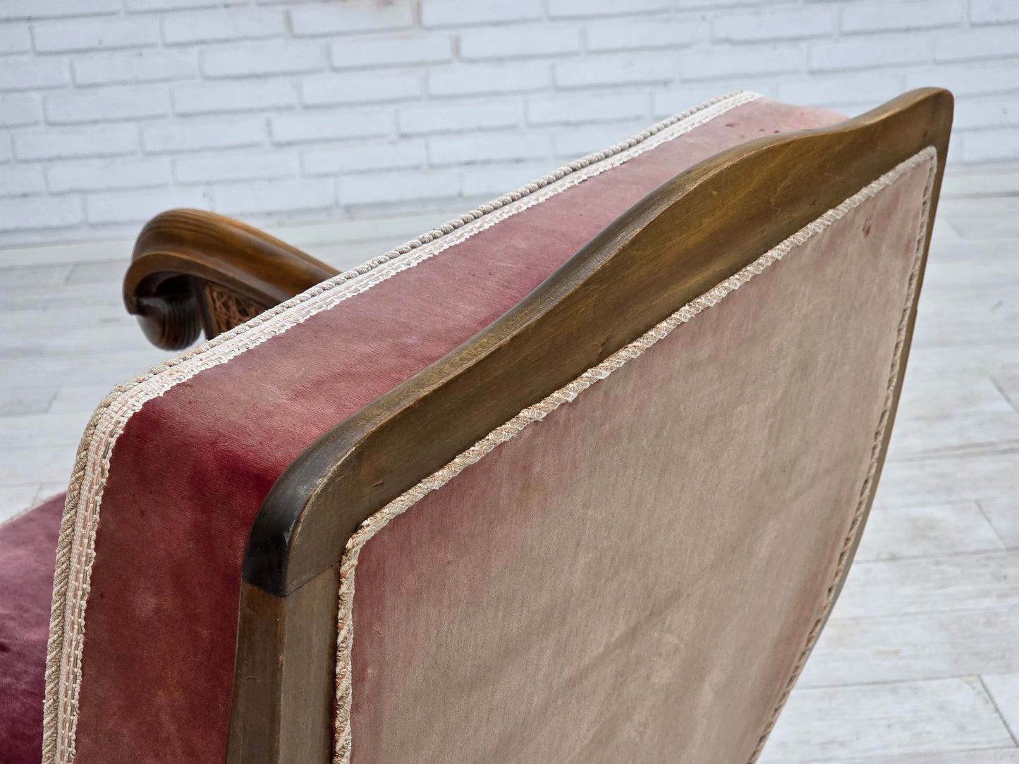 1940s, Danish armchair, woven wool, velour, furniture mesh, carved oak wood.