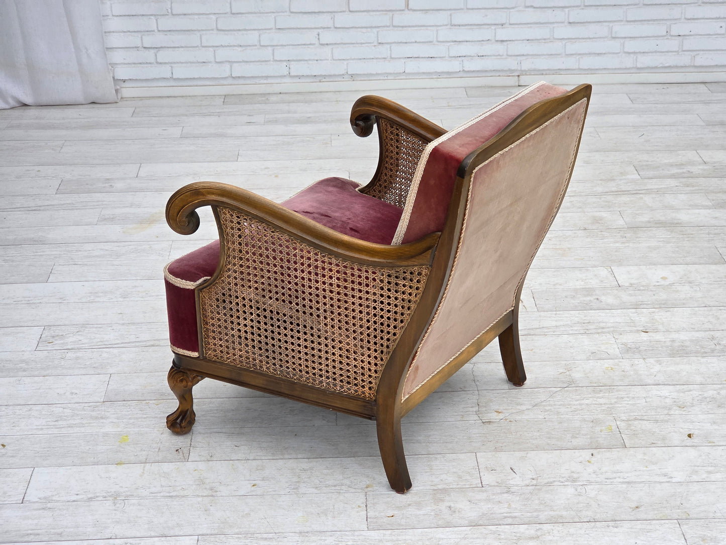 1940s, Danish armchair, woven wool, velour, furniture mesh, carved oak wood.