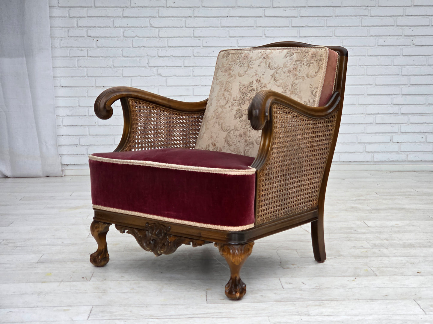 1940s, Danish armchair, woven wool, velour, furniture mesh, carved oak wood.