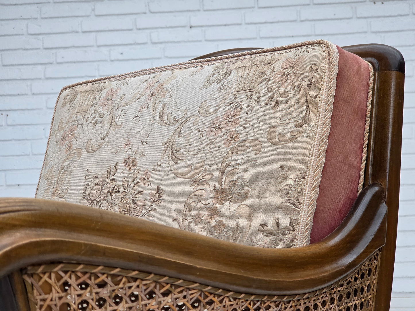 1940s, Danish armchair, woven wool, velour, furniture mesh, carved oak wood.