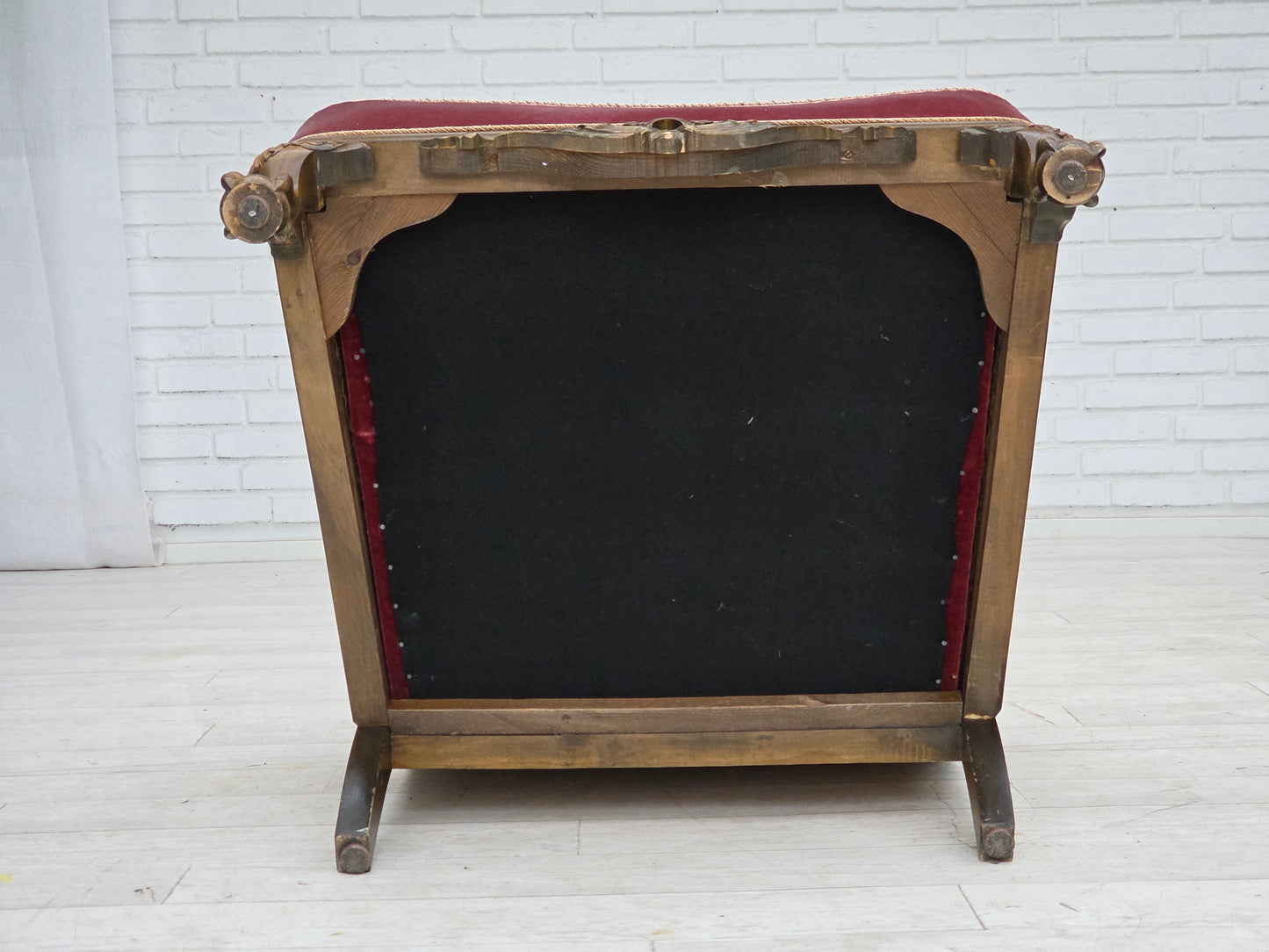 1940s, Danish armchair, woven wool, velour, furniture mesh, carved oak wood.