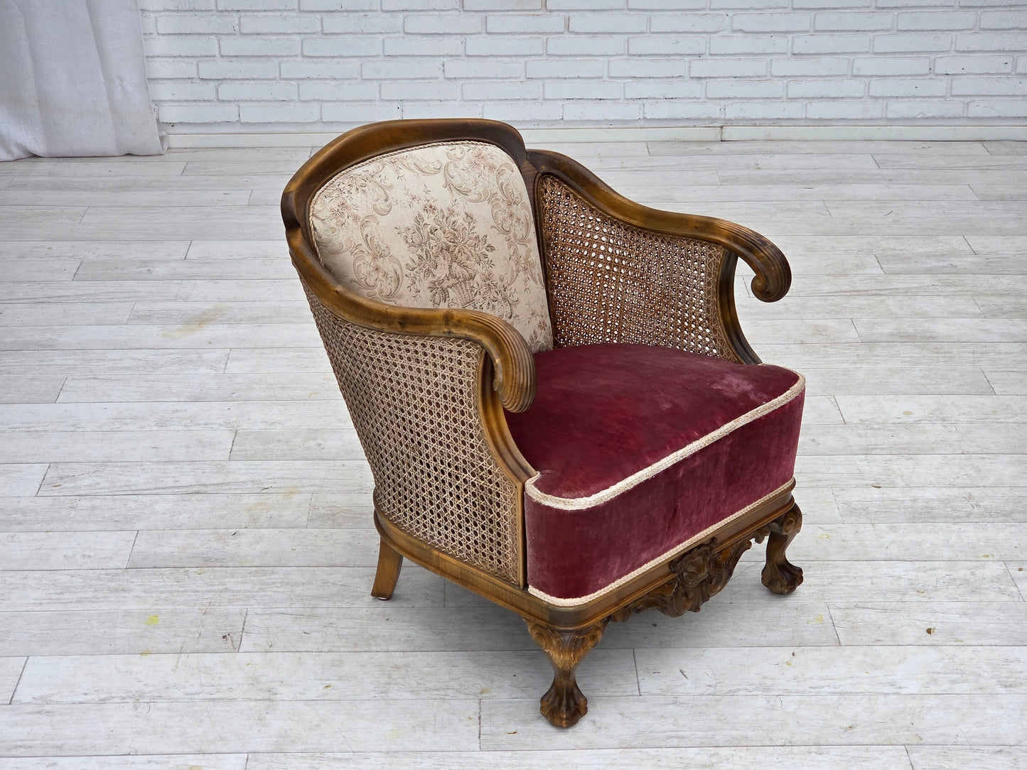 1940s, Danish armchair, woven wool, velour, furniture mesh, carved oak wood.