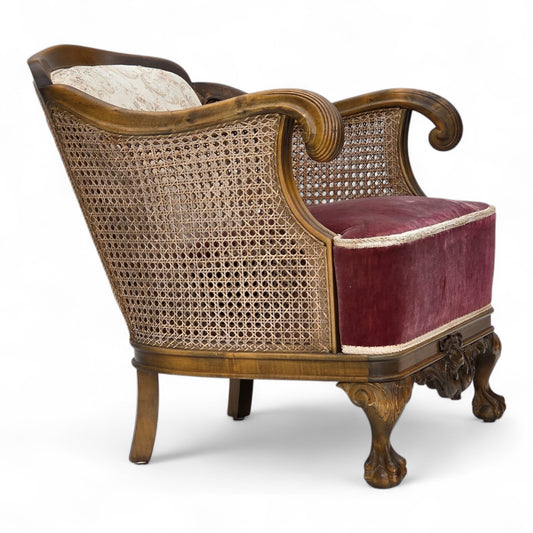 1940s, Danish armchair, woven wool, velour, furniture mesh, carved oak wood.