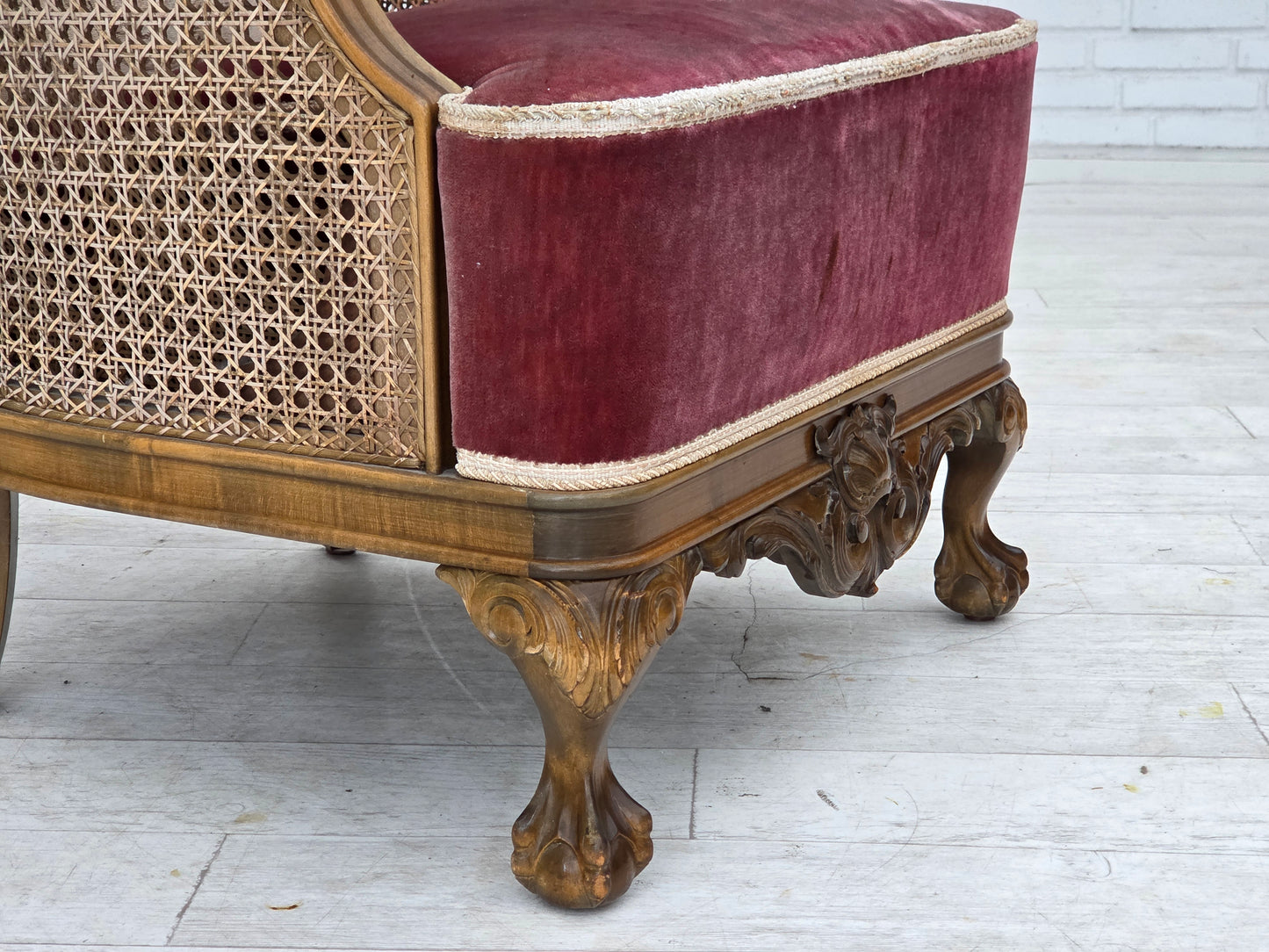 1940s, Danish armchair, woven wool, velour, furniture mesh, carved oak wood.