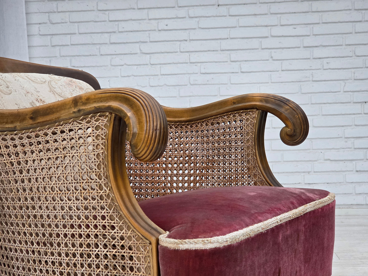 1940s, Danish armchair, woven wool, velour, furniture mesh, carved oak wood.
