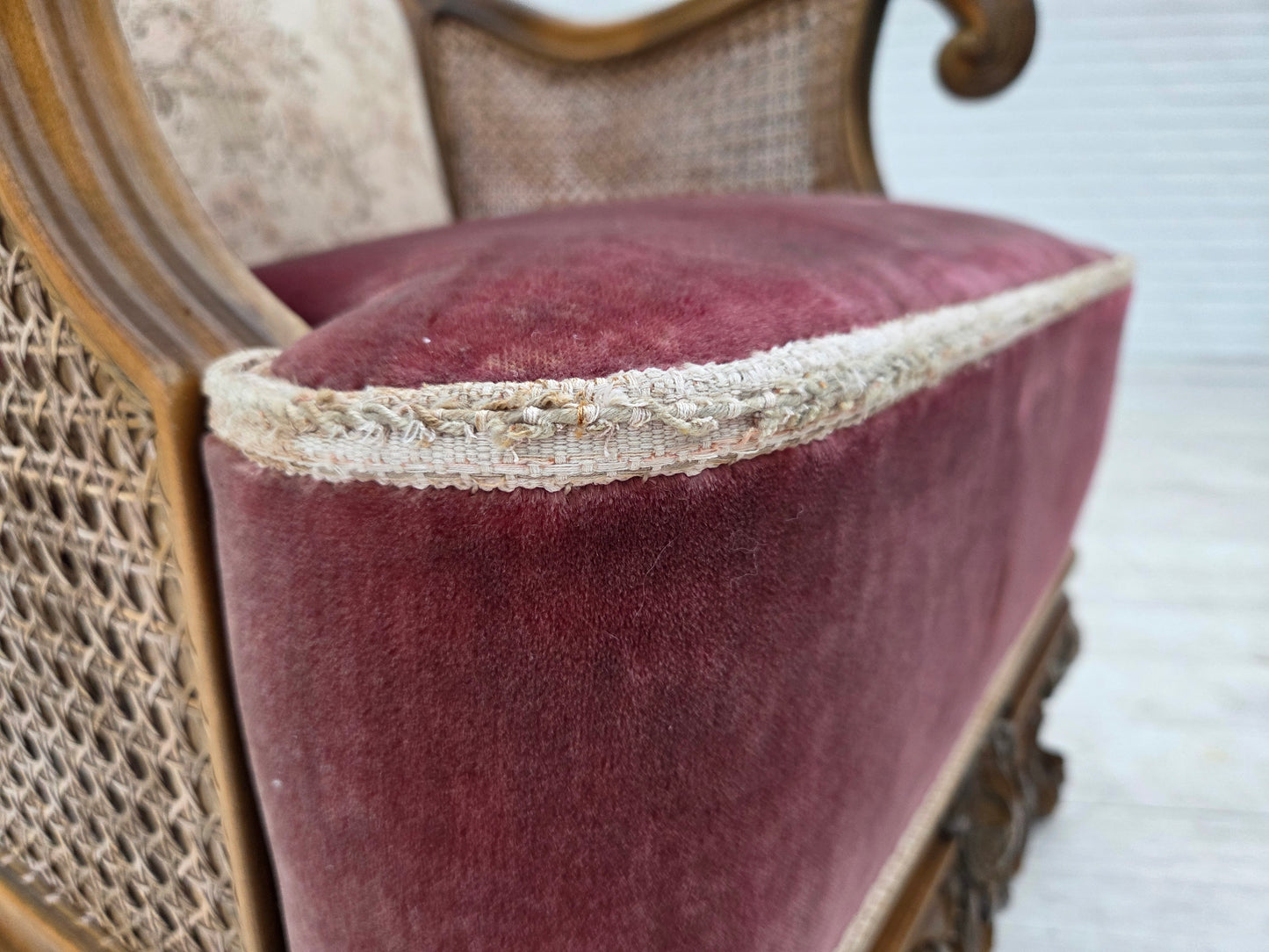 1940s, Danish armchair, woven wool, velour, furniture mesh, carved oak wood.