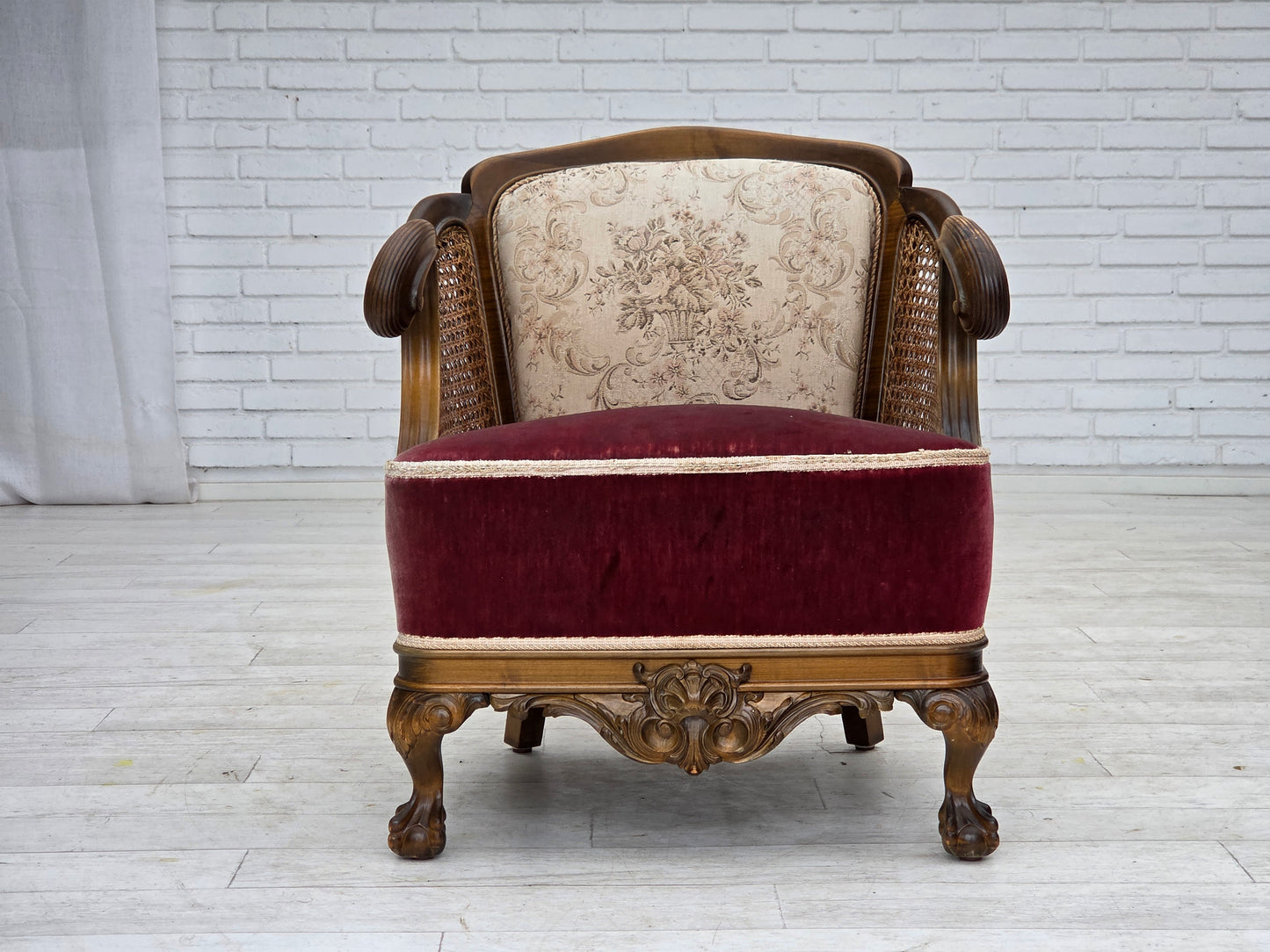 1940s, Danish armchair, woven wool, velour, furniture mesh, carved oak wood.