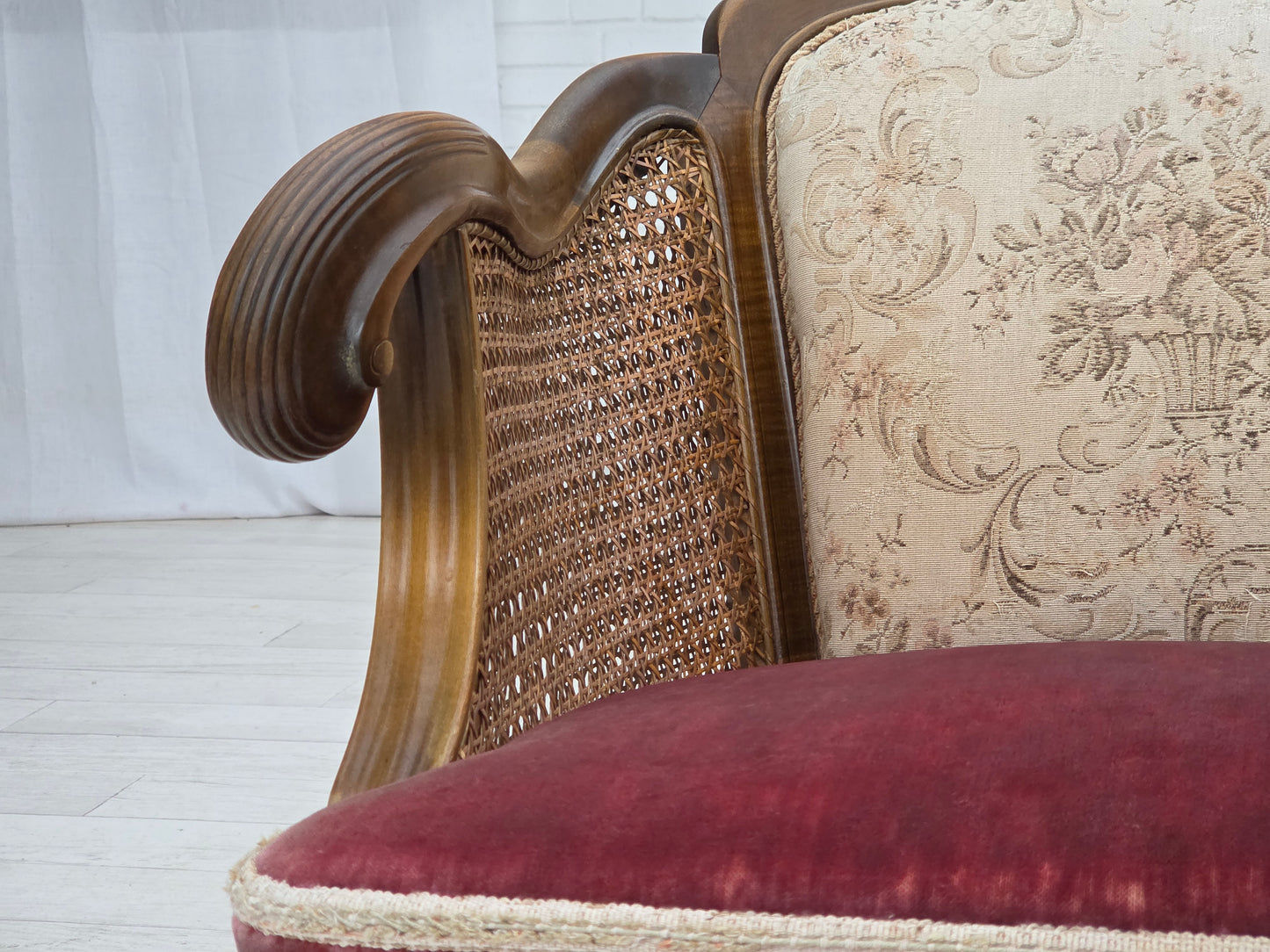 1940s, Danish armchair, woven wool, velour, furniture mesh, carved oak wood.