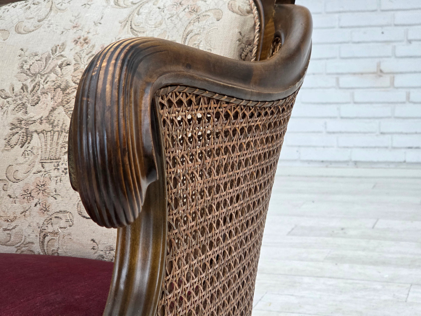 1940s, Danish armchair, woven wool, velour, furniture mesh, carved oak wood.