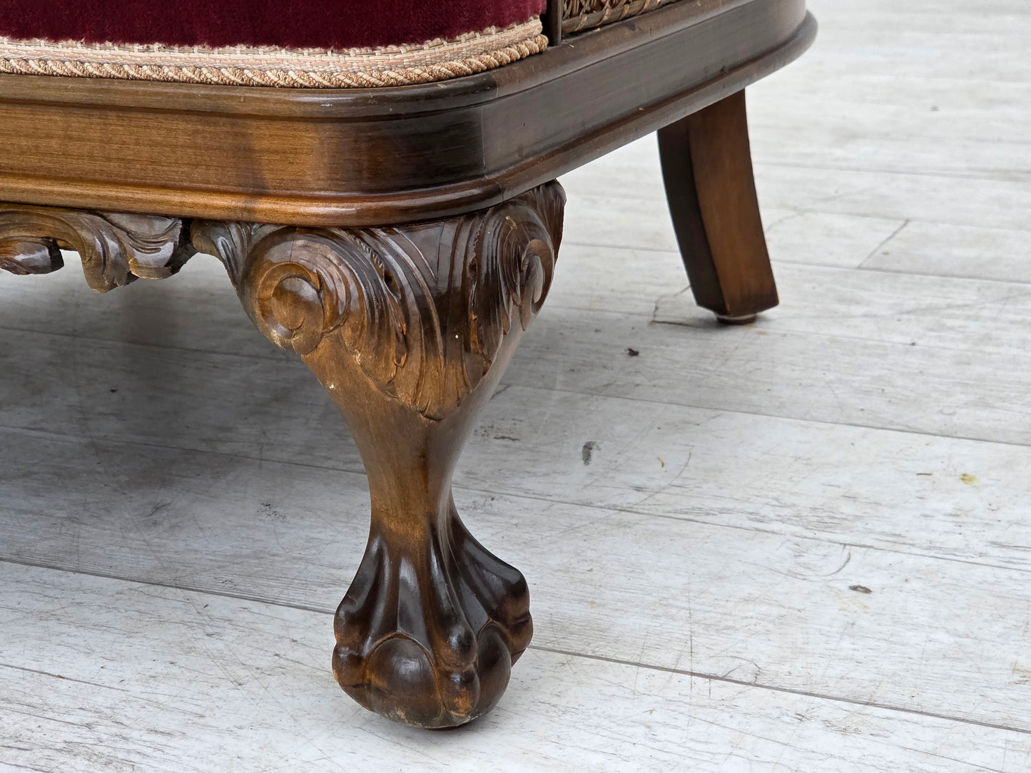 1940s, Danish armchair, woven wool, velour, furniture mesh, carved oak wood.