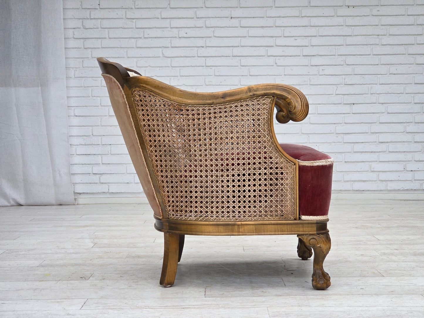 1940s, Danish armchair, woven wool, velour, furniture mesh, carved oak wood.