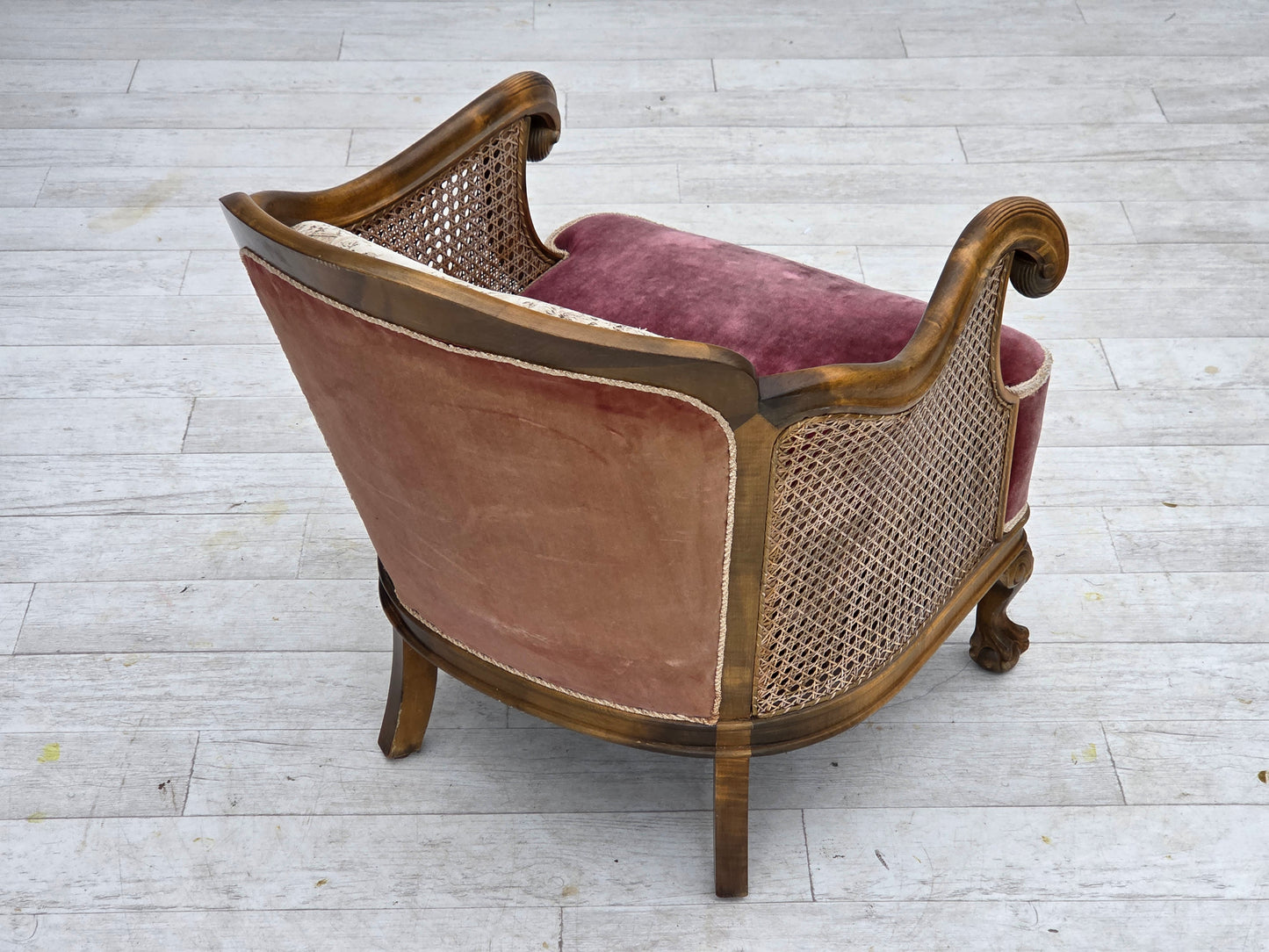 1940s, Danish armchair, woven wool, velour, furniture mesh, carved oak wood.