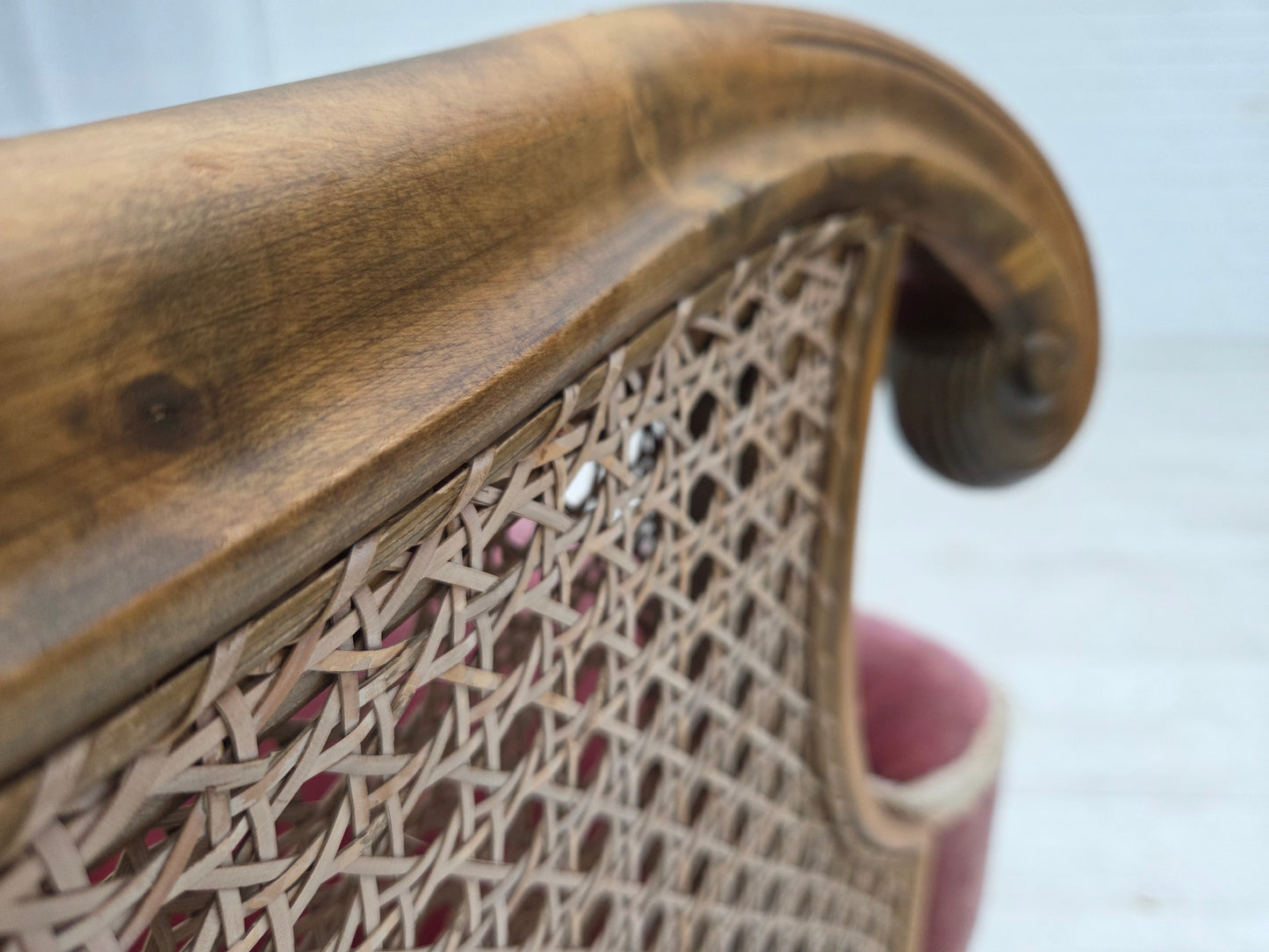 1940s, Danish armchair, woven wool, velour, furniture mesh, carved oak wood.