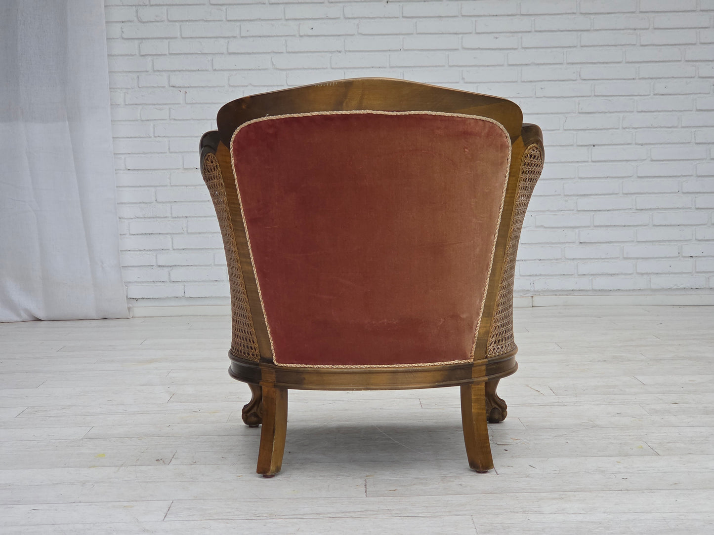 1940s, Danish armchair, woven wool, velour, furniture mesh, carved oak wood.