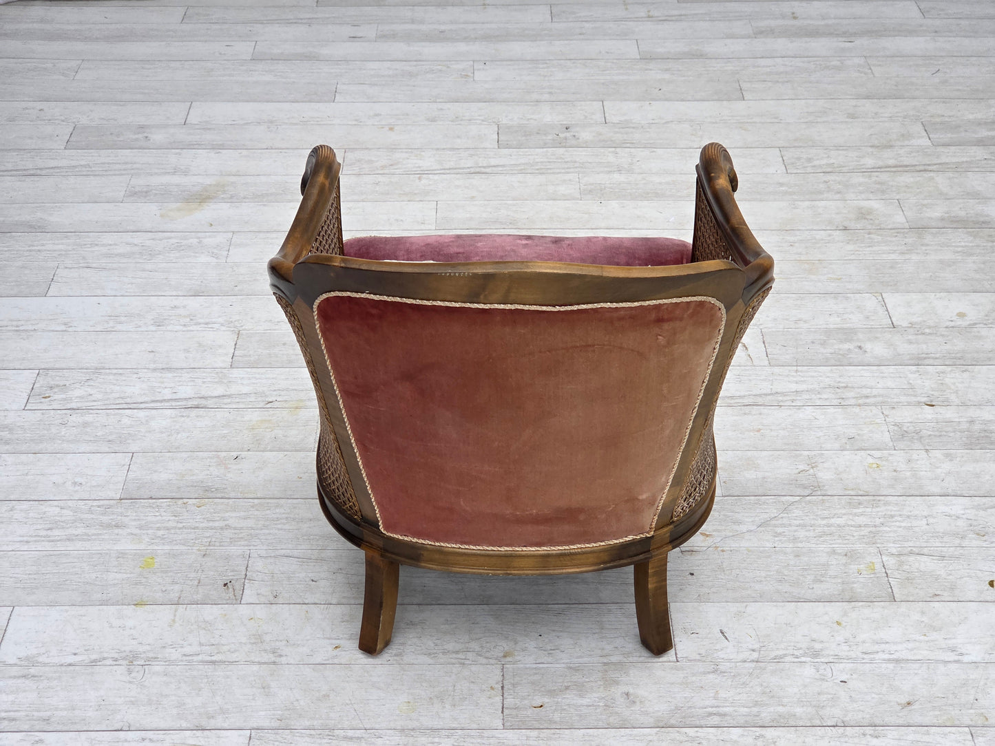1940s, Danish armchair, woven wool, velour, furniture mesh, carved oak wood.