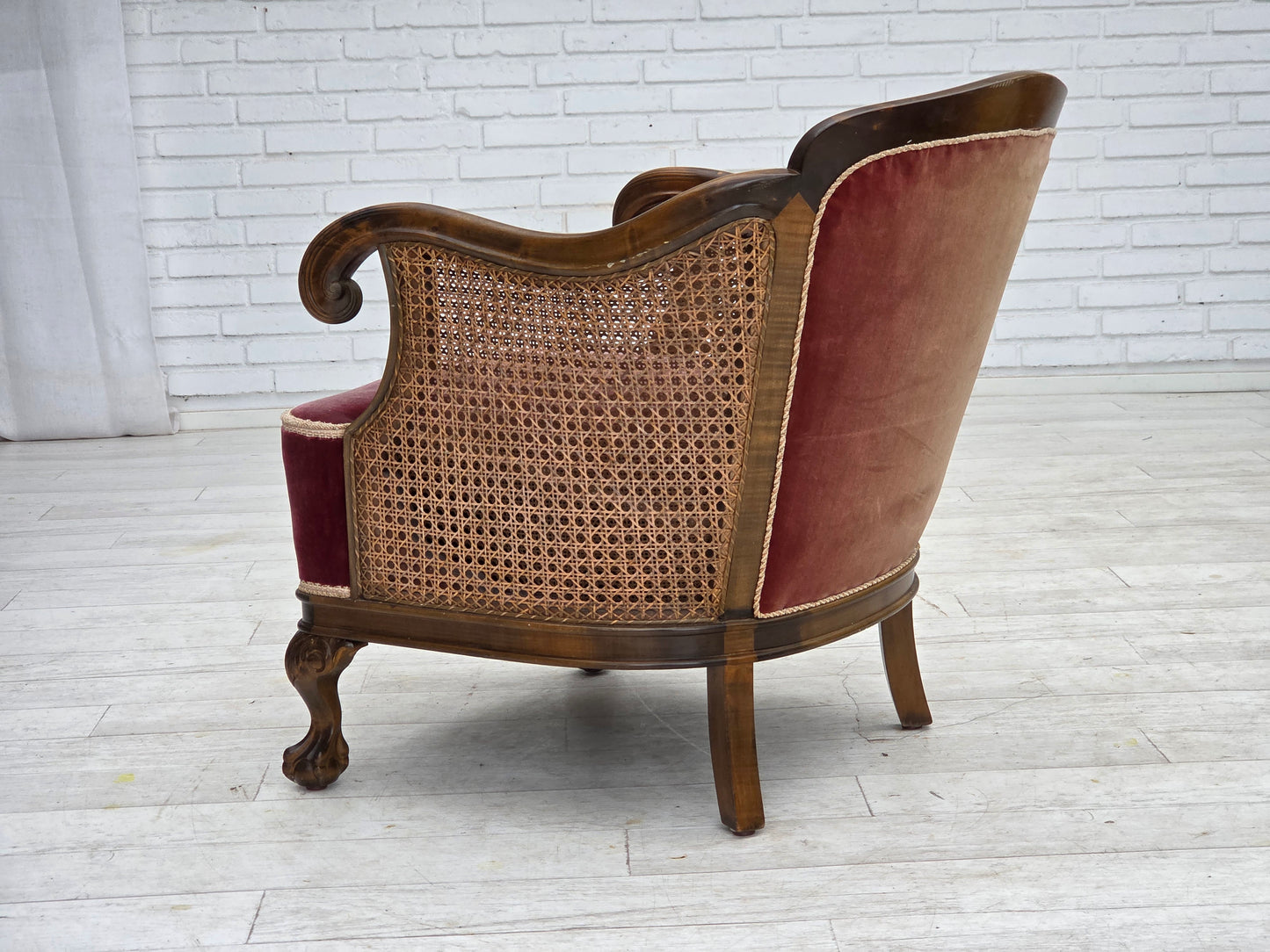1940s, Danish armchair, woven wool, velour, furniture mesh, carved oak wood.