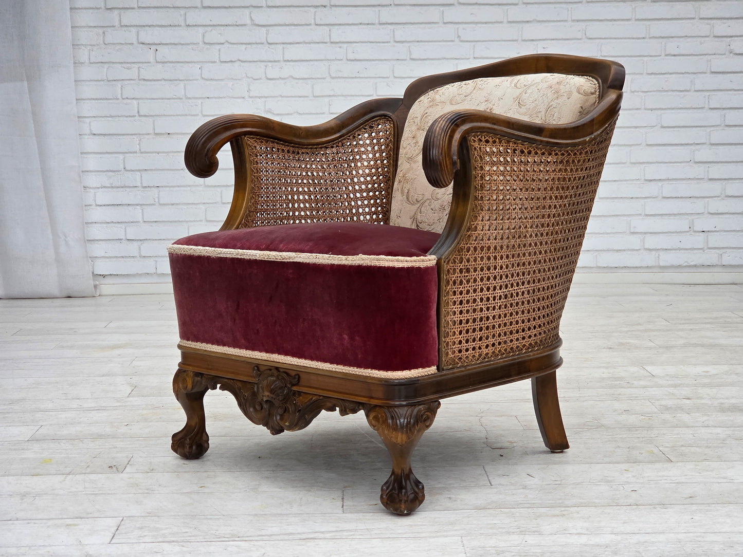 1940s, Danish armchair, woven wool, velour, furniture mesh, carved oak wood.