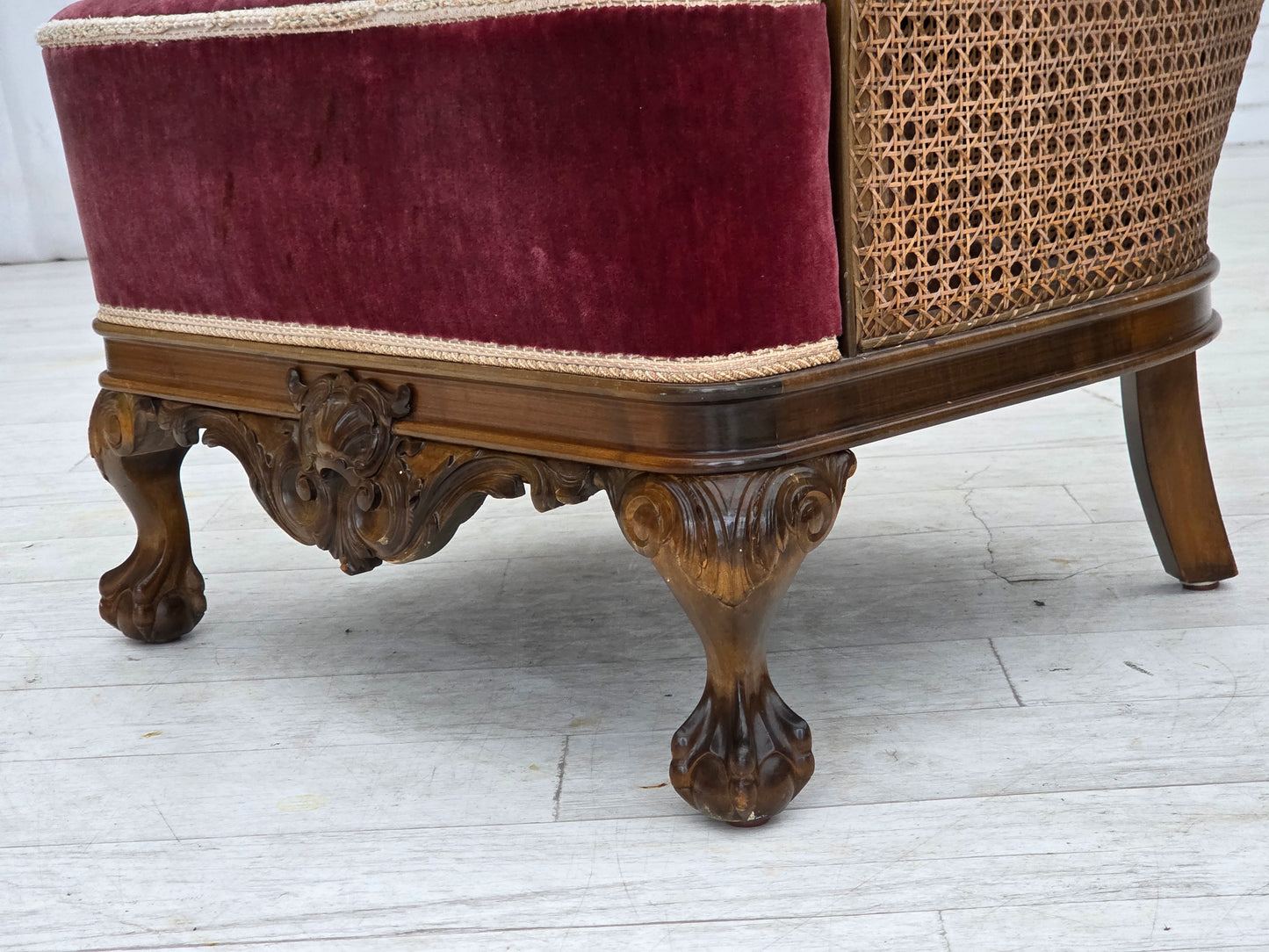 1940s, Danish armchair, woven wool, velour, furniture mesh, carved oak wood.
