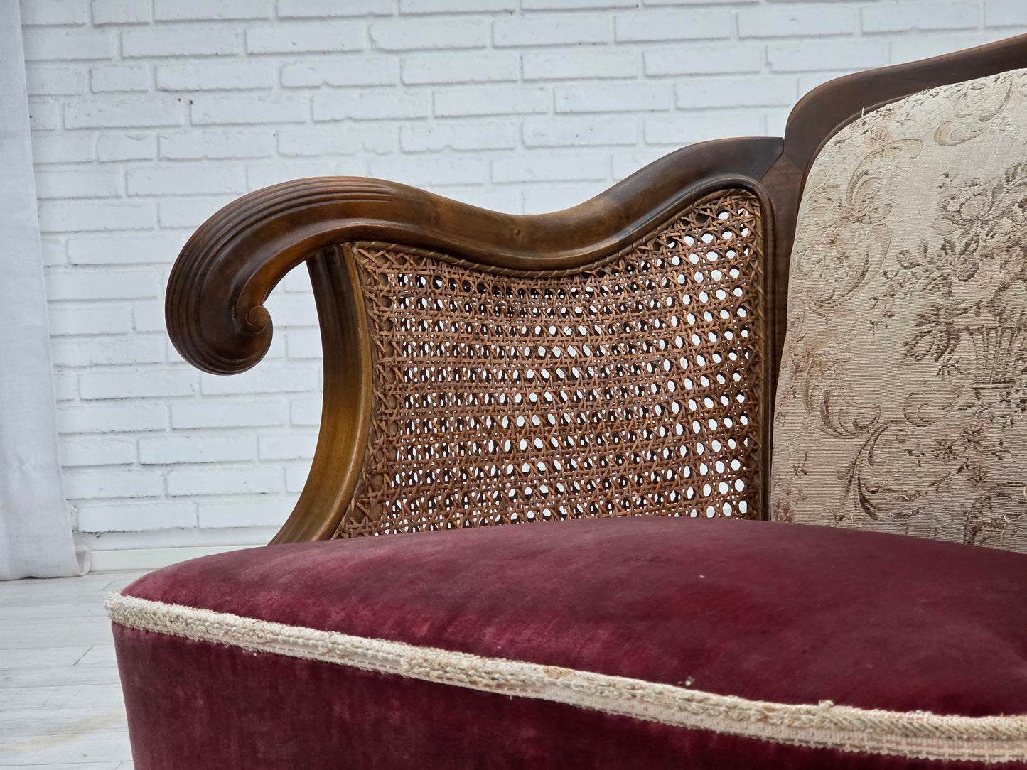 1940s, Danish armchair, woven wool, velour, furniture mesh, carved oak wood.