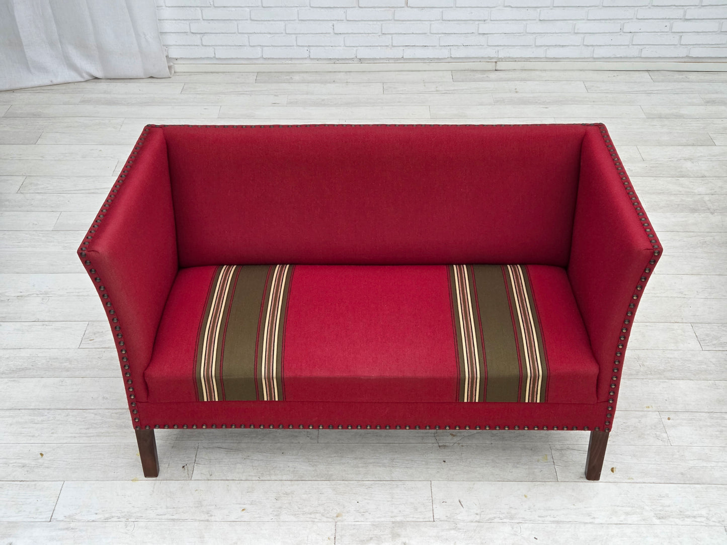 1970s, Danish 2-seater sofa, original red furniture wool, ash wood.