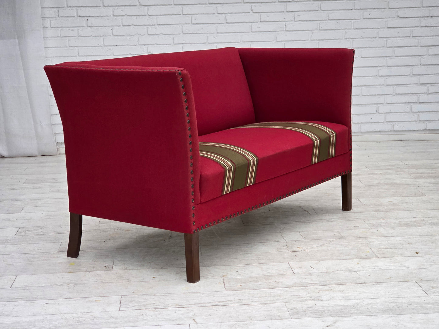 1970s, Danish 2-seater sofa, original red furniture wool, ash wood.