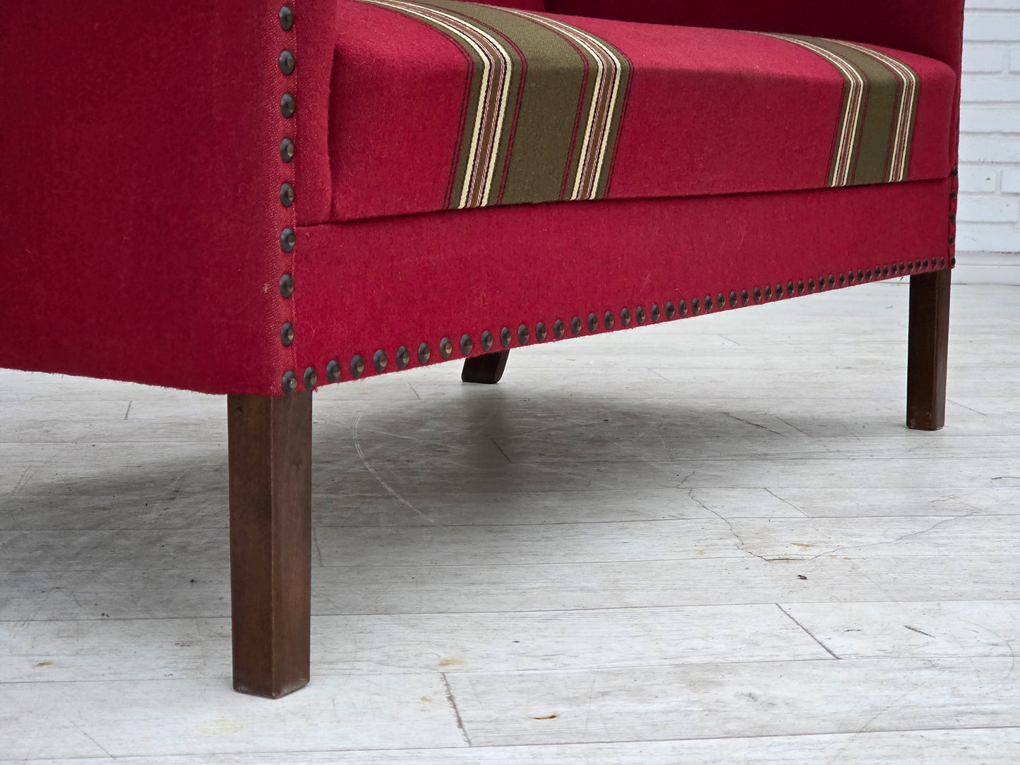 1970s, Danish 2-seater sofa, original red furniture wool, ash wood.