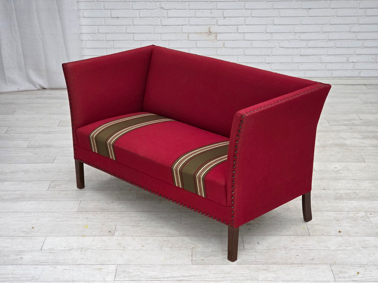 1970s, Danish 2-seater sofa, original red furniture wool, ash wood.