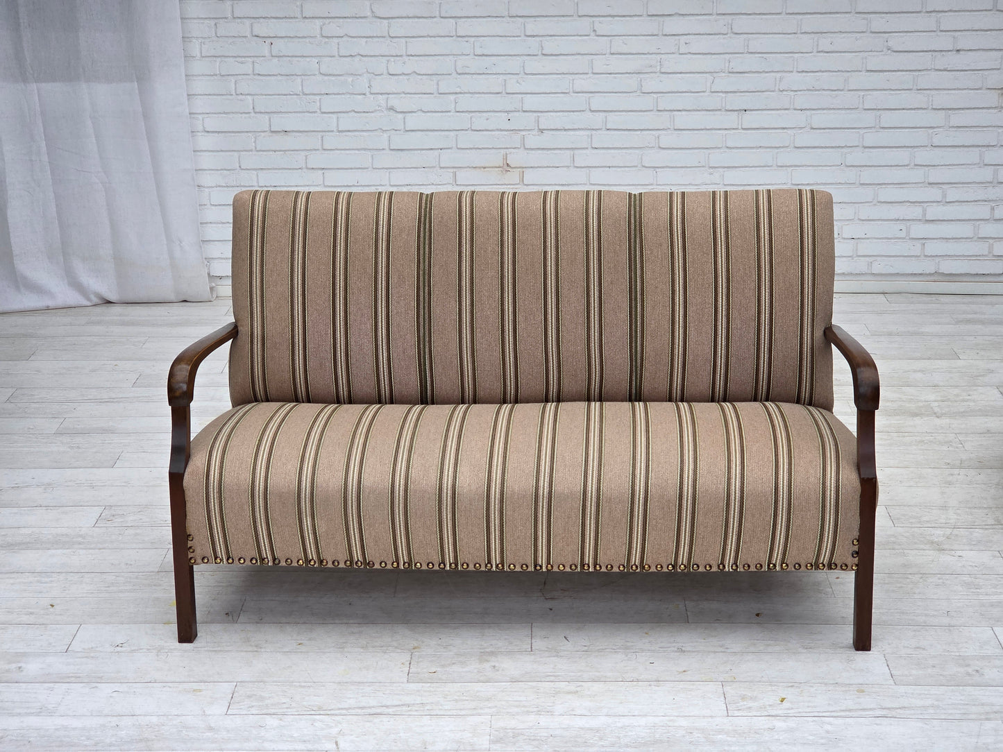 1950s, Danish 2-seater sofa, beige furniture wool fabric, beech wood legs.