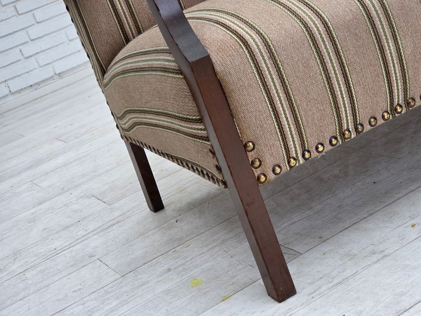 1950s, Danish 2-seater sofa, beige furniture wool fabric, beech wood legs.