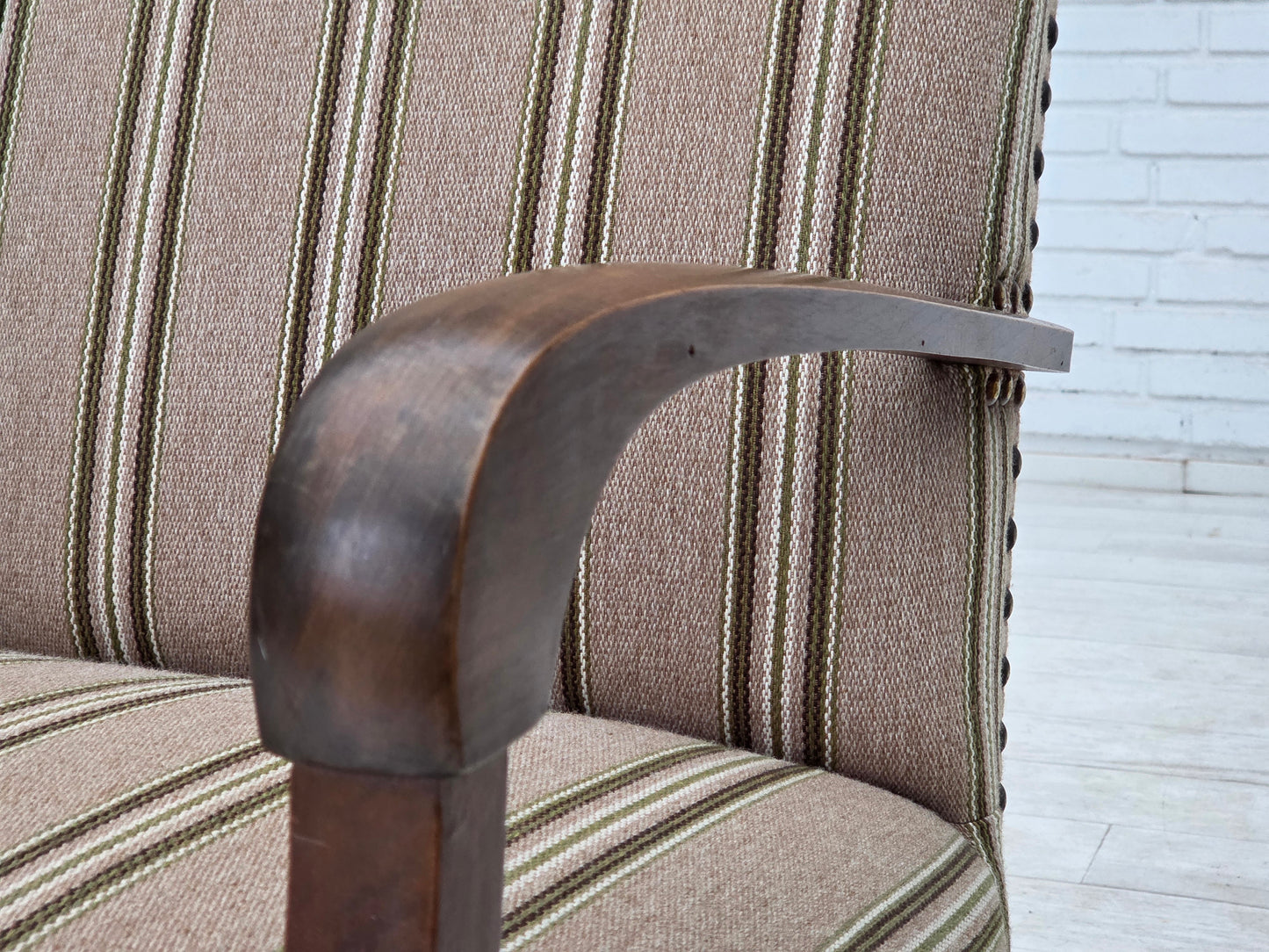 1950s, Danish 2-seater sofa, beige furniture wool fabric, beech wood legs.