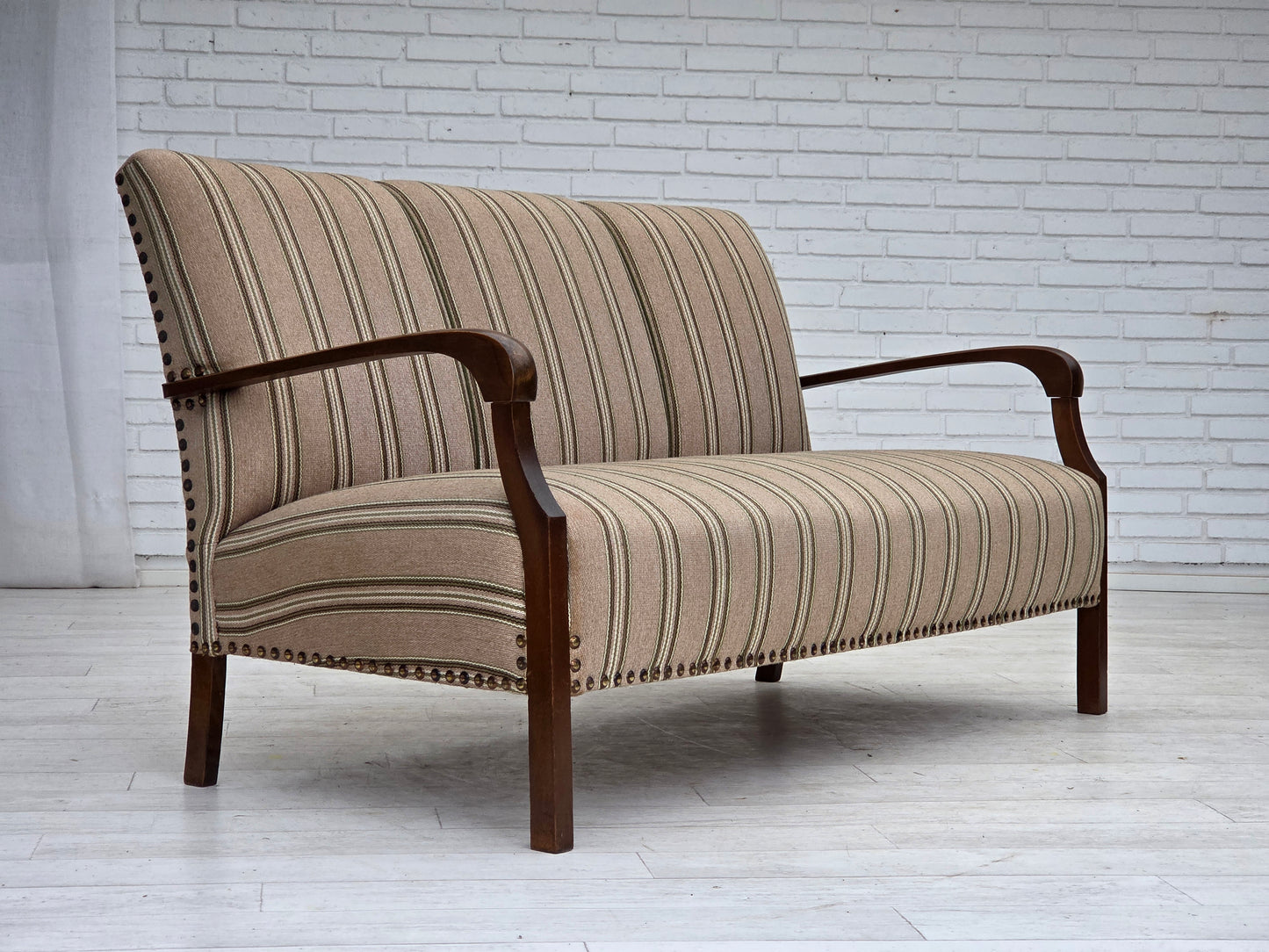 1950s, Danish 2-seater sofa, beige furniture wool fabric, beech wood legs.