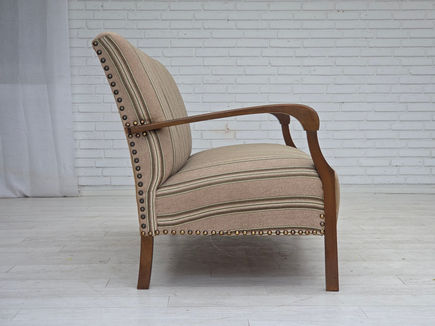 1950s, Danish 2-seater sofa, beige furniture wool fabric, beech wood legs.
