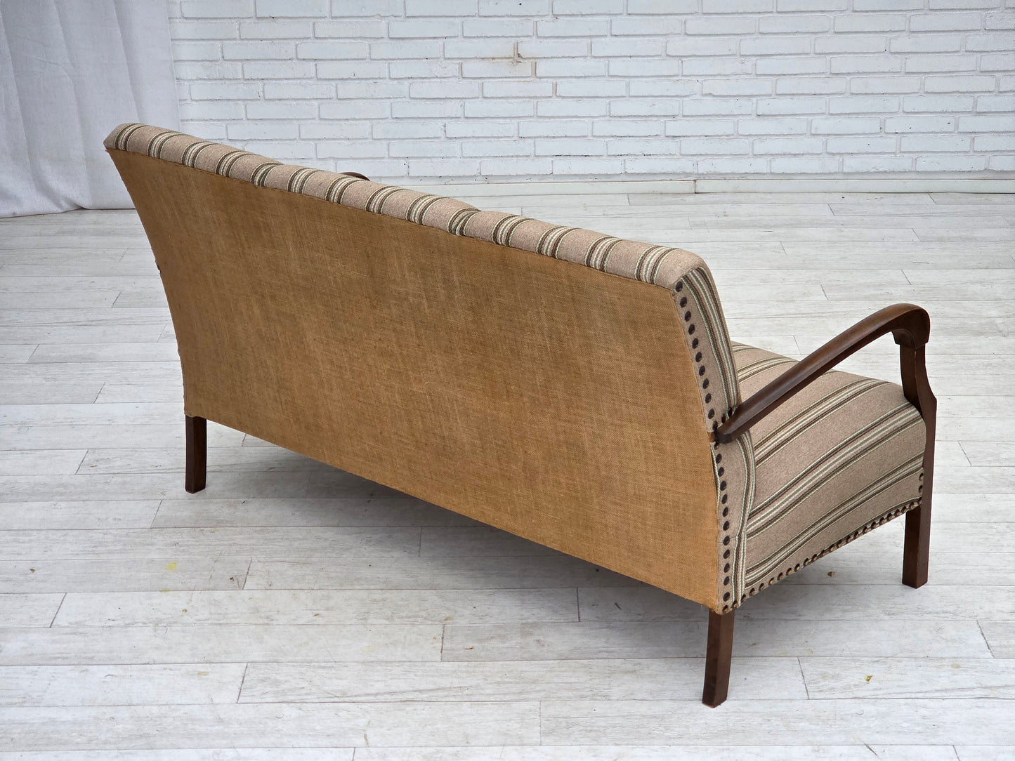 1950s, Danish 2-seater sofa, beige furniture wool fabric, beech wood legs.