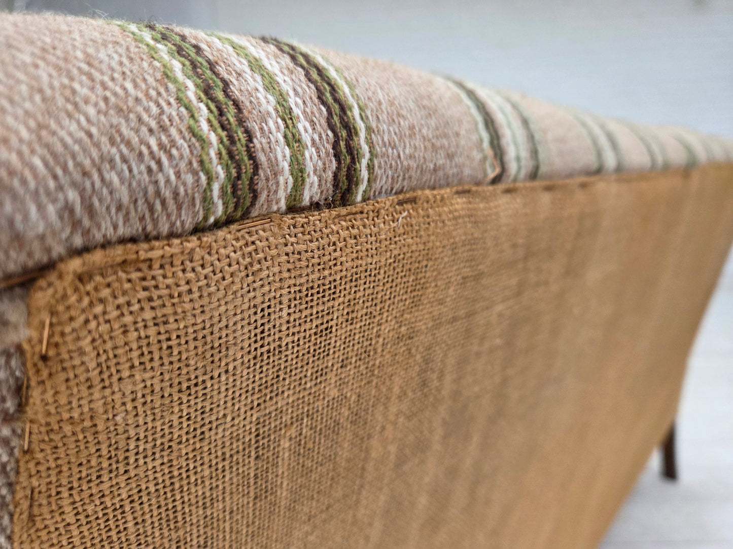 1950s, Danish 2-seater sofa, beige furniture wool fabric, beech wood legs.