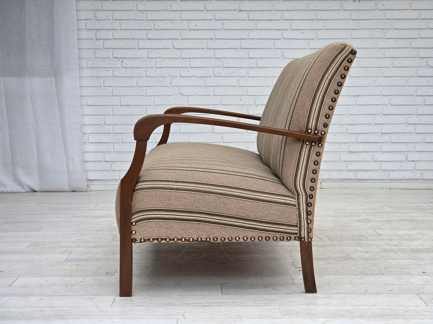 1950s, Danish 2-seater sofa, beige furniture wool fabric, beech wood legs.