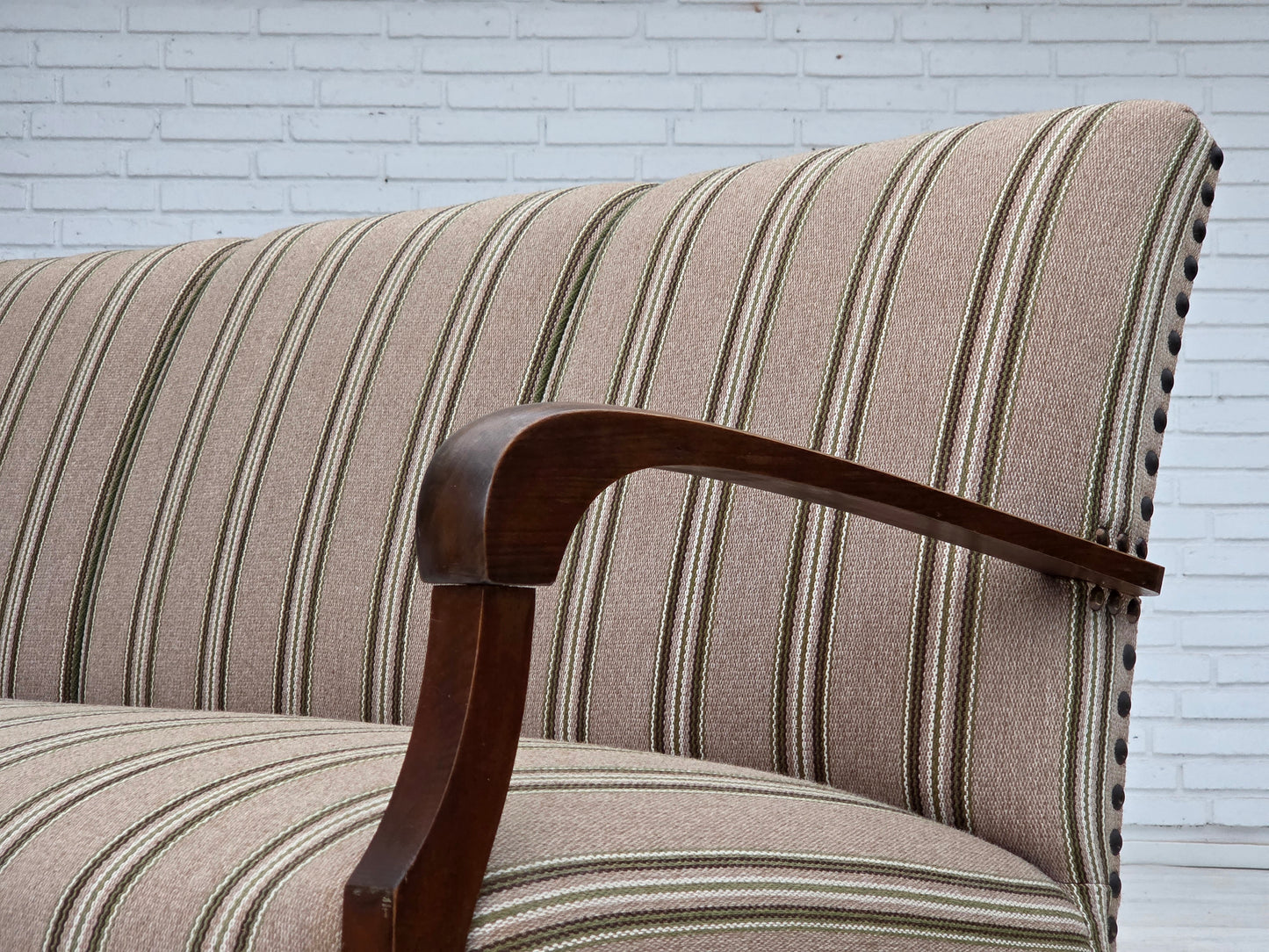 1950s, Danish 2-seater sofa, beige furniture wool fabric, beech wood legs.