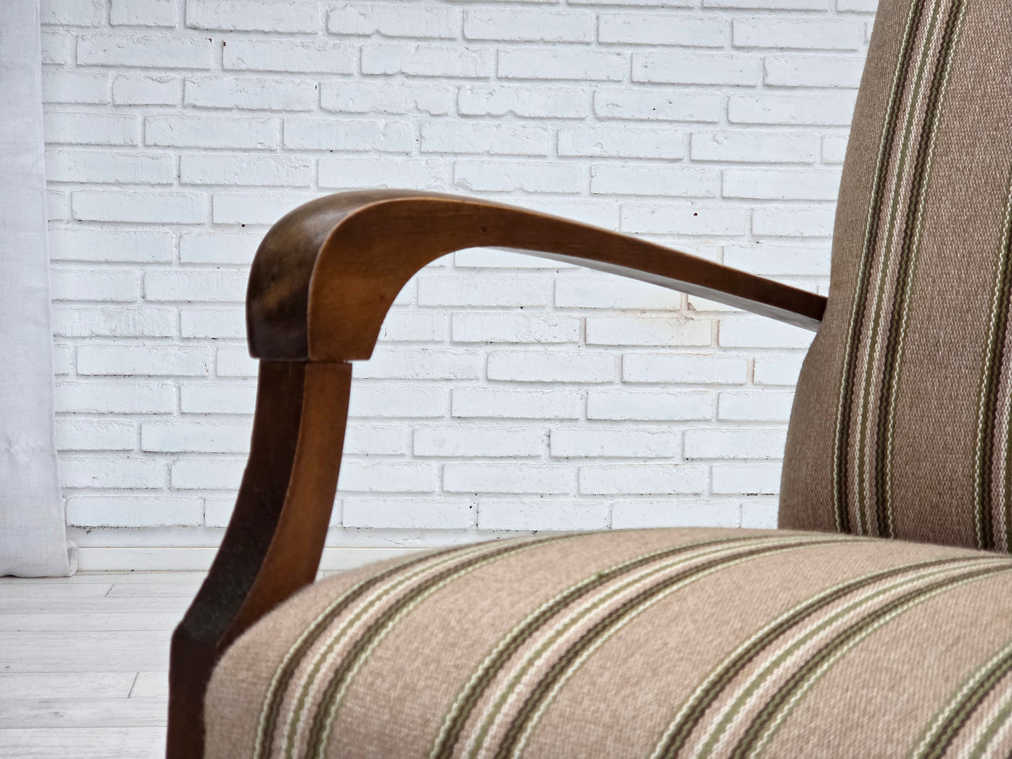 1950s, Danish 2-seater sofa, beige furniture wool fabric, beech wood legs.