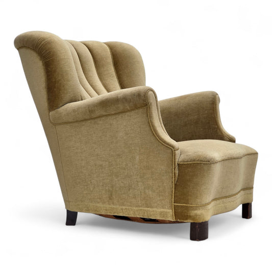 1960s, Danish armchair, green furniture velour, oak wood.