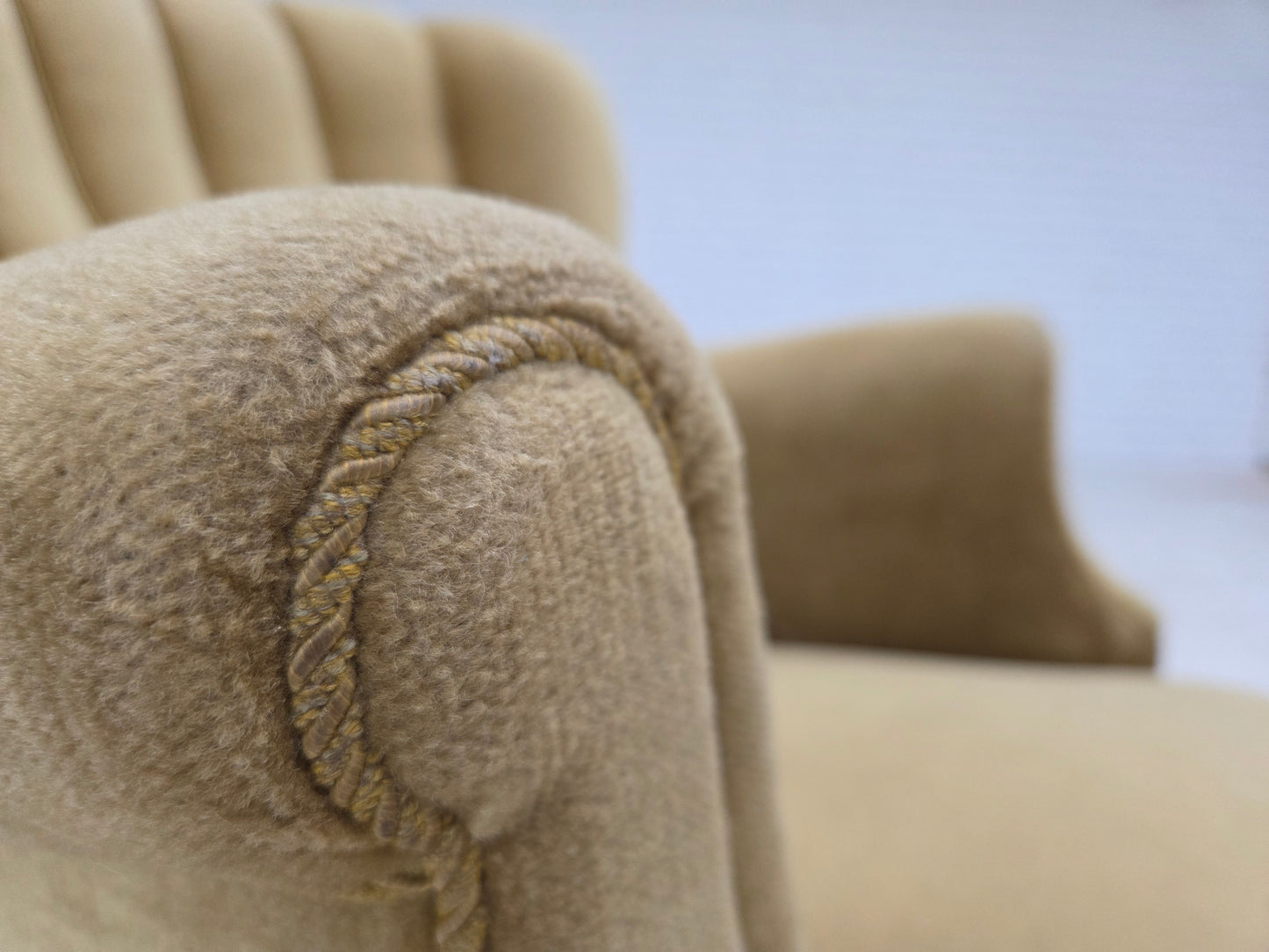 1960s, Danish armchair, green furniture velour, oak wood.